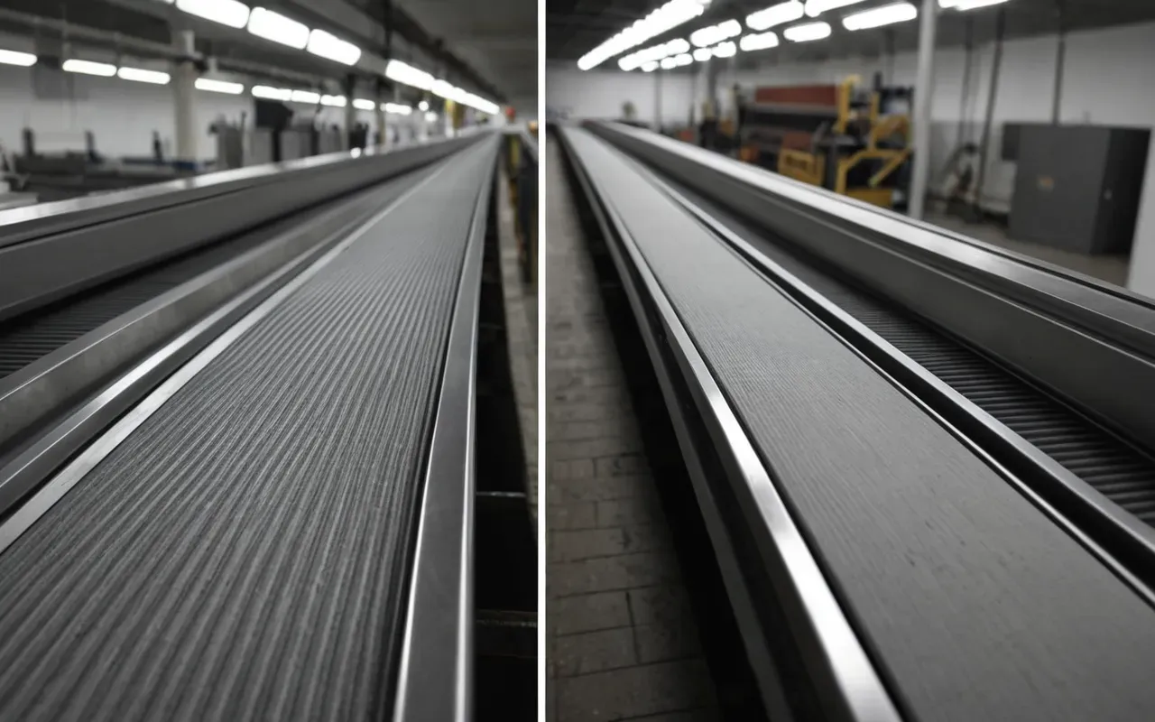 conveyor system optimization Before and after comparison view showing an industrial conveyor system with improved material flow, neutral gray background highlighting the structural changes.