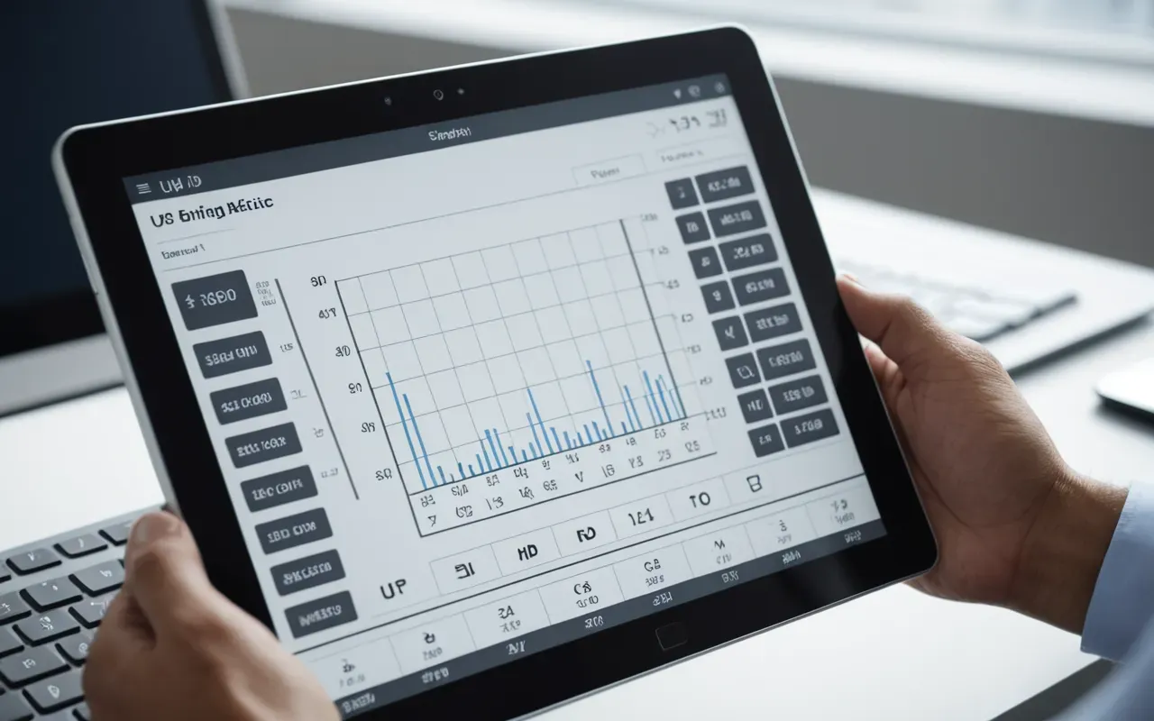engineering schematics review Close up of a digital tablet displaying complex engineering schematics and data graphs held by a hand in a bright modern office setting