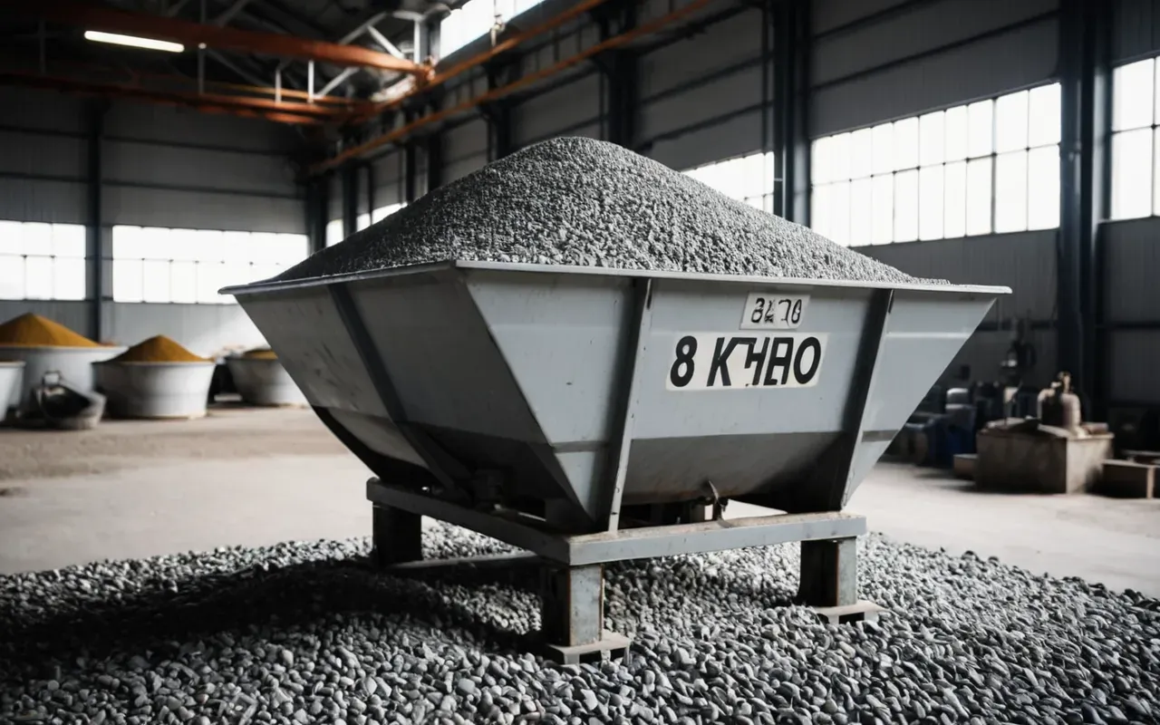 Close up of a heavy industrial weighing hopper filled with grey cement powder and clean aggregate stones in a bright modern factory setting.