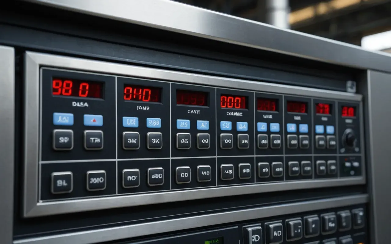 Close up of a modern industrial control panel with glowing digital readouts and smooth stainless steel surfaces in bright daylight