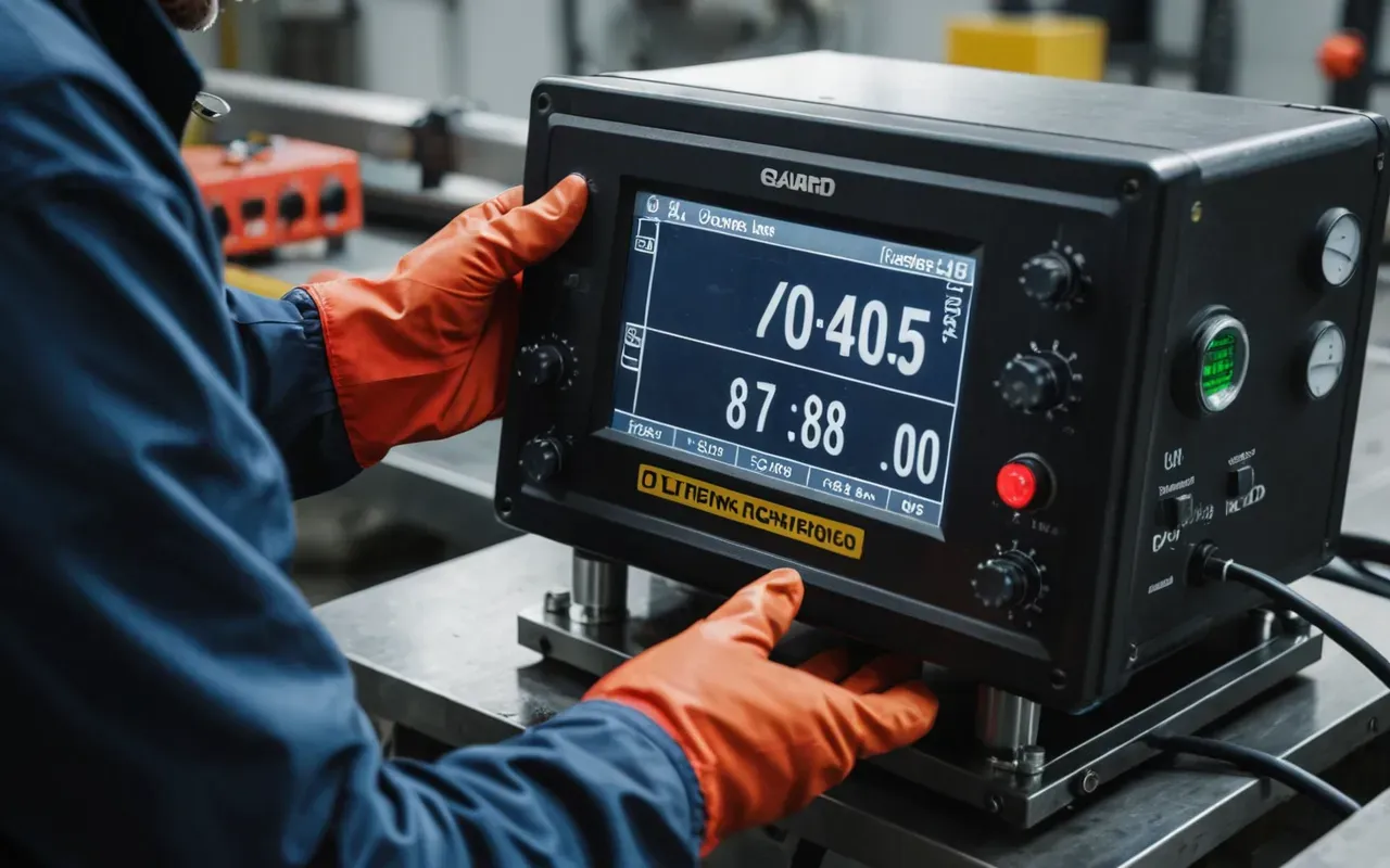 industrial maintenance check Close up of a technician checking digital gauges on industrial machinery with hands wearing protective gloves in a clean well lit workshop environment.