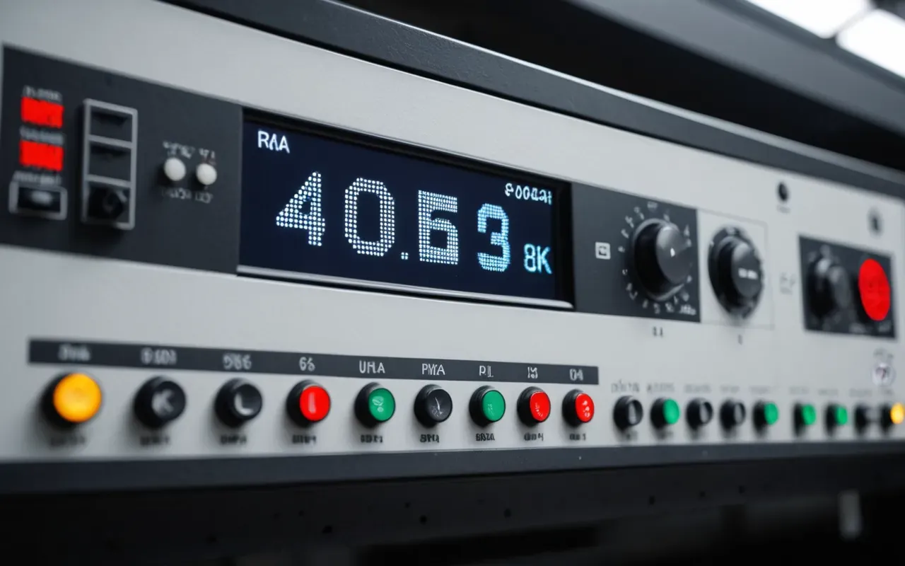Close up of an industrial control panel with buttons and a digital display screen in a clean factory setting under neutral light
