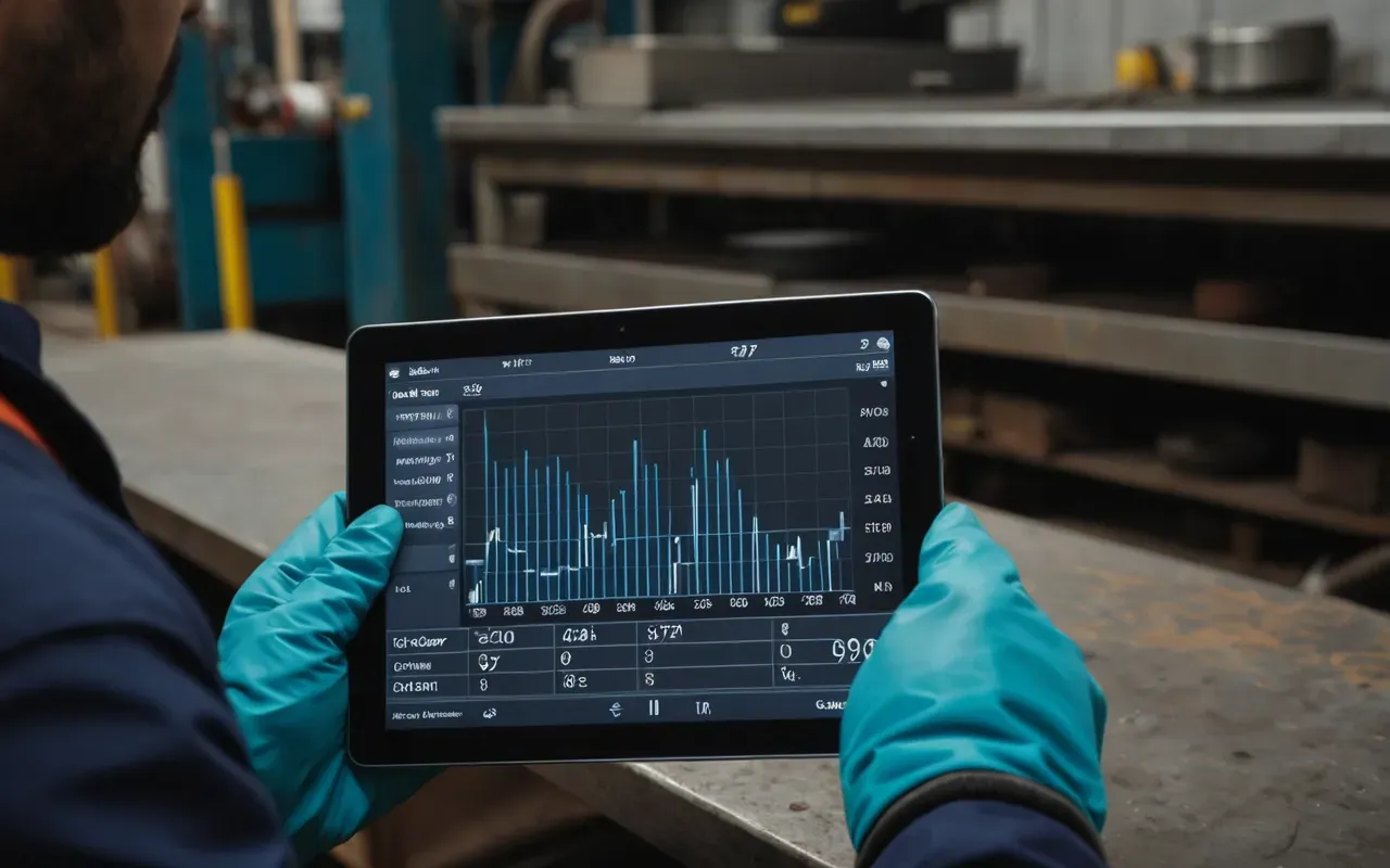 industrial machinery sales Close up of hands wearing heavy duty work gloves holding a digital tablet displaying abstract data charts in a dimly lit workshop environment with soft blue ambient lighting and shallow depth of field focusing on the screen interface without any readable text or numbers visible