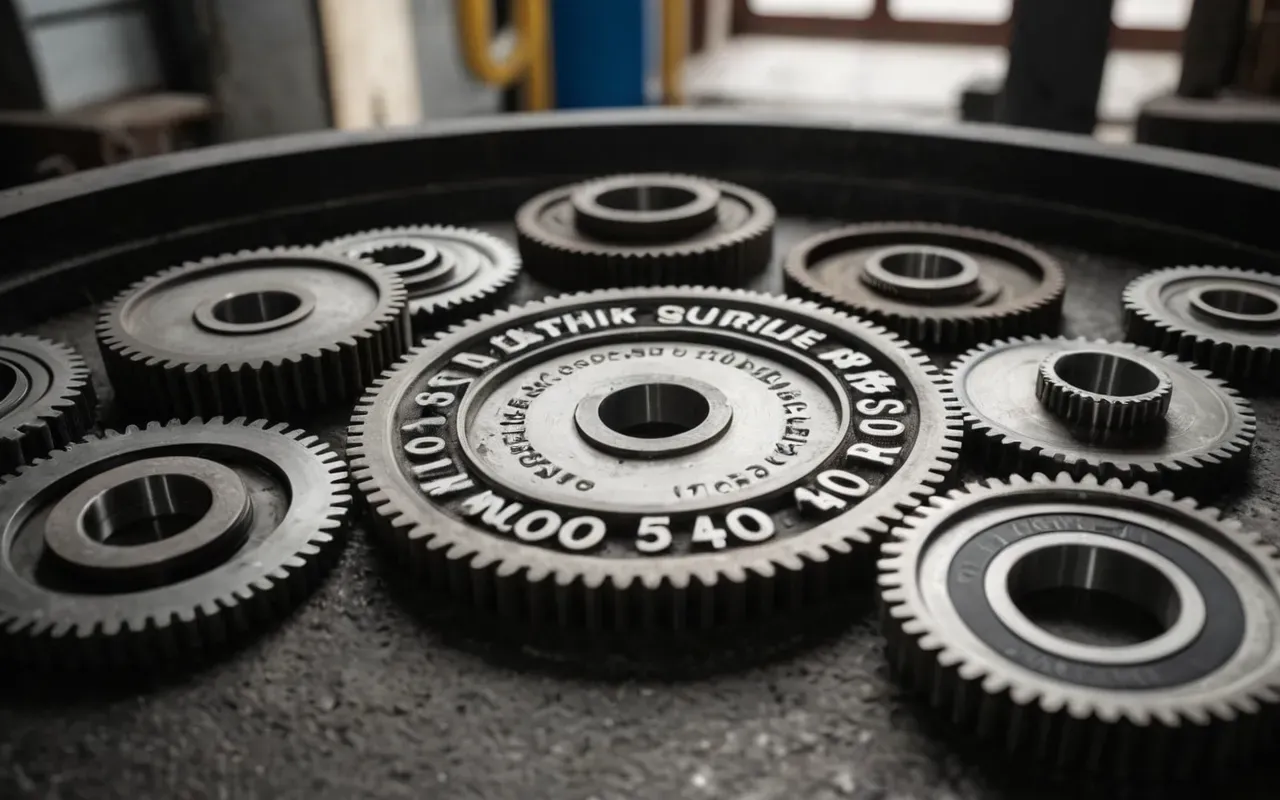 Close up of industrial gears and mechanical components in a clean workshop setting with soft diffused lighting highlighting metal textures