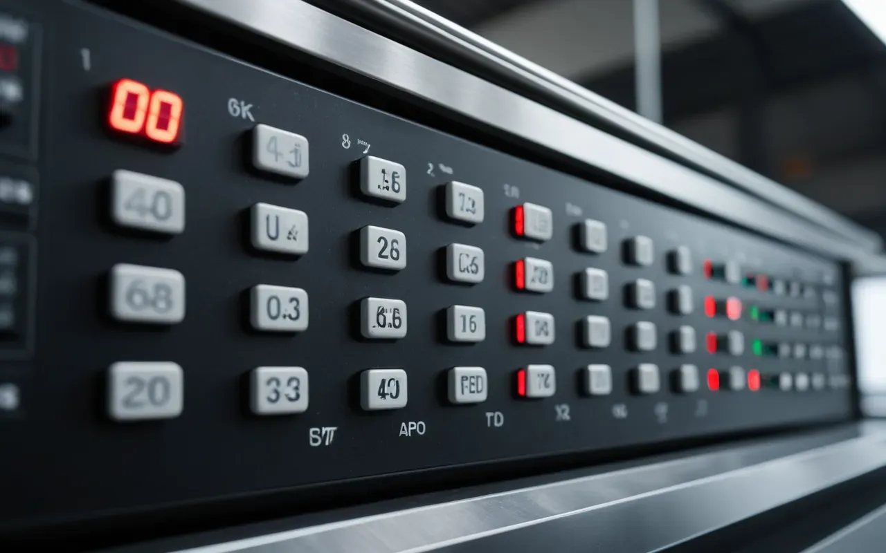 control room technology Close up view of a modern industrial control panel with glowing digital displays and clean stainless steel surfaces under bright artificial lighting