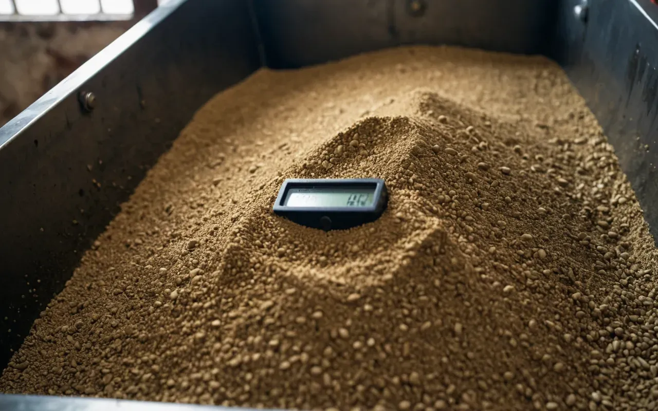 Close up view of dry sand flowing through a steel chute into a weighing bin with bright industrial lighting and no text or labels visible