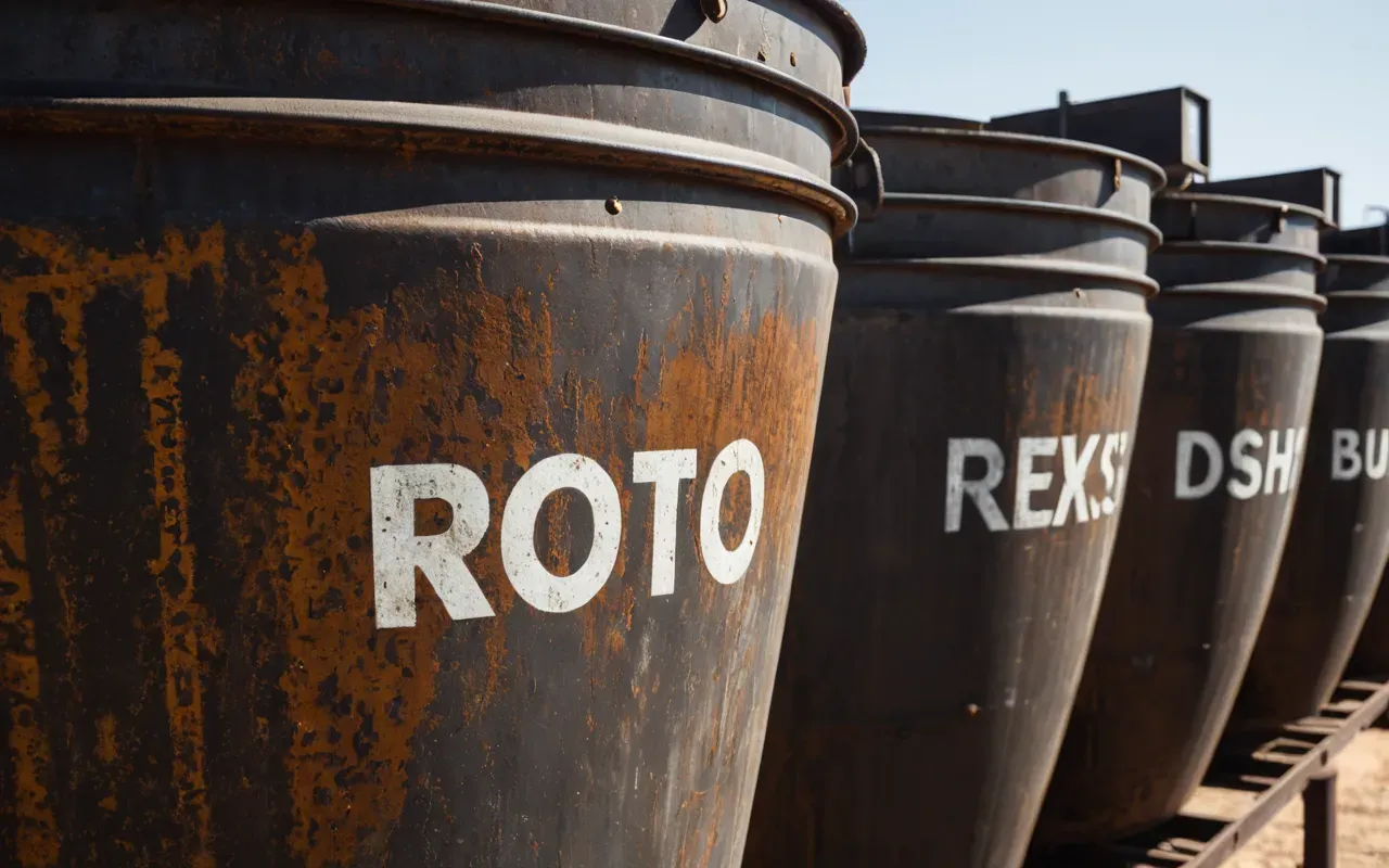 Close up view of industrial metal hoppers with rust textures and bolted seams under bright daylight conditions.
