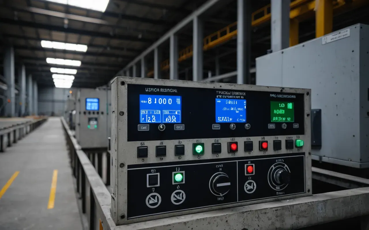 Close up view of industrial sensors and digital control panels inside a concrete batching facility with glowing blue status lights indicating active automated processes without any visible text or labels.