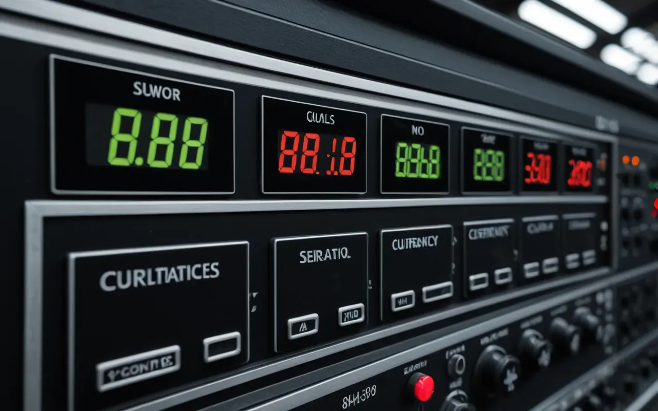 operational monitoring system Detailed view of a control panel with various gauges and indicators showing operational data, clean modern interface design, soft ambient lighting in an industrial setting.