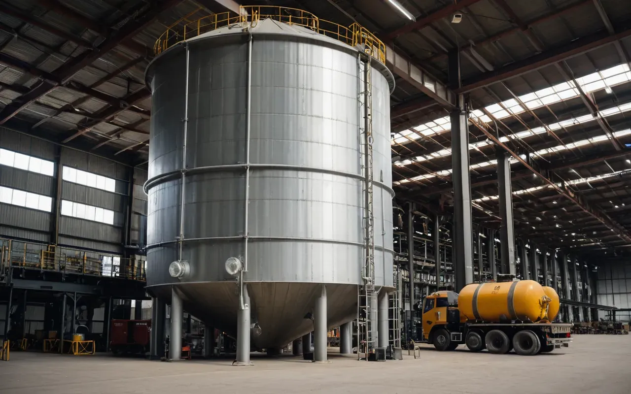 Editorial photograph of a large steel cement silo with piping and valves in an industrial warehouse setting under soft diffused light