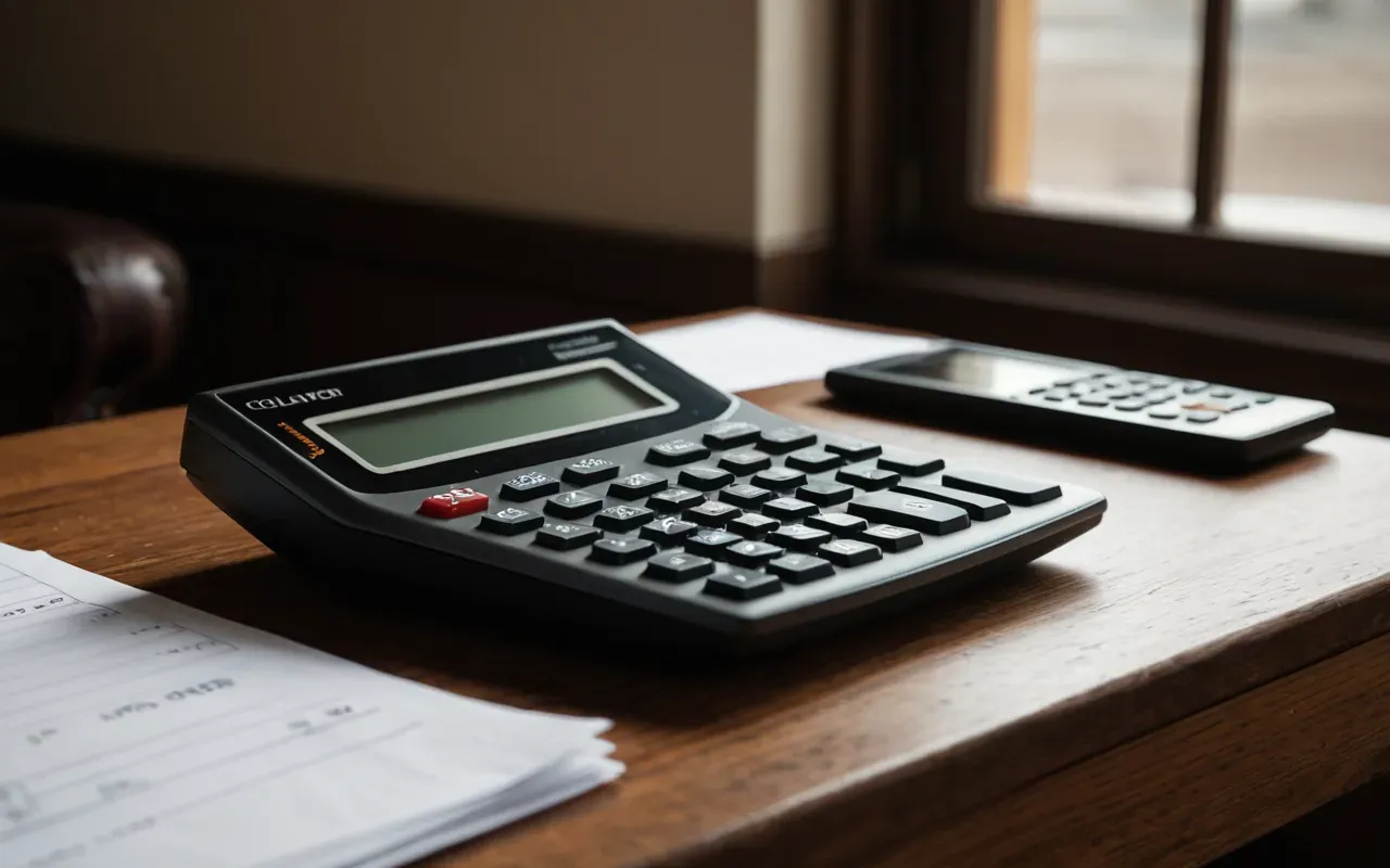 Editorial still life of a calculator and financial documents on a wooden desk with soft window light casting gentle shadows