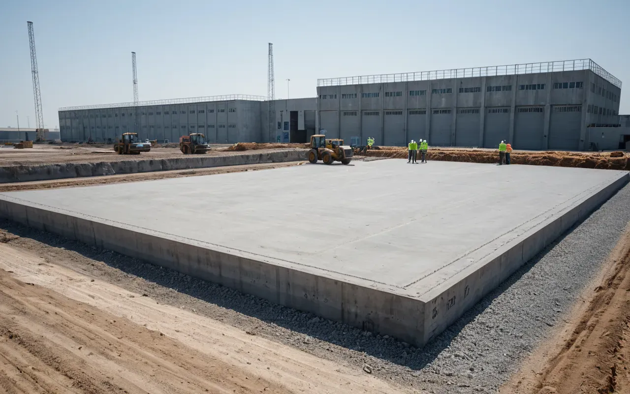 concrete foundation inspection Engineers inspecting a large concrete foundation slab on an industrial yard. Bright daylight and clear skies show the scale of the construction work.