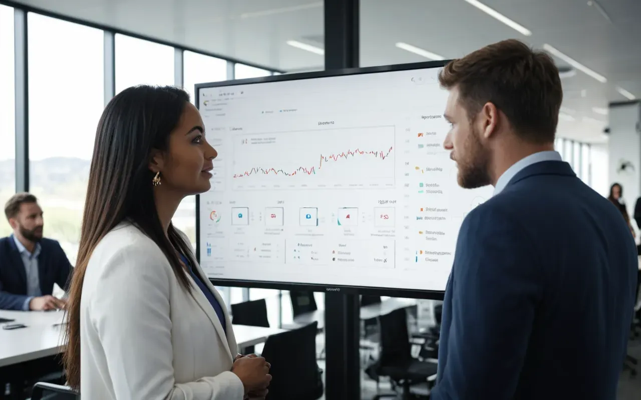 professional collaboration session Group of professionals collaborating around a large display screen showing technical diagrams in a modern office environment, natural daylight from windows.