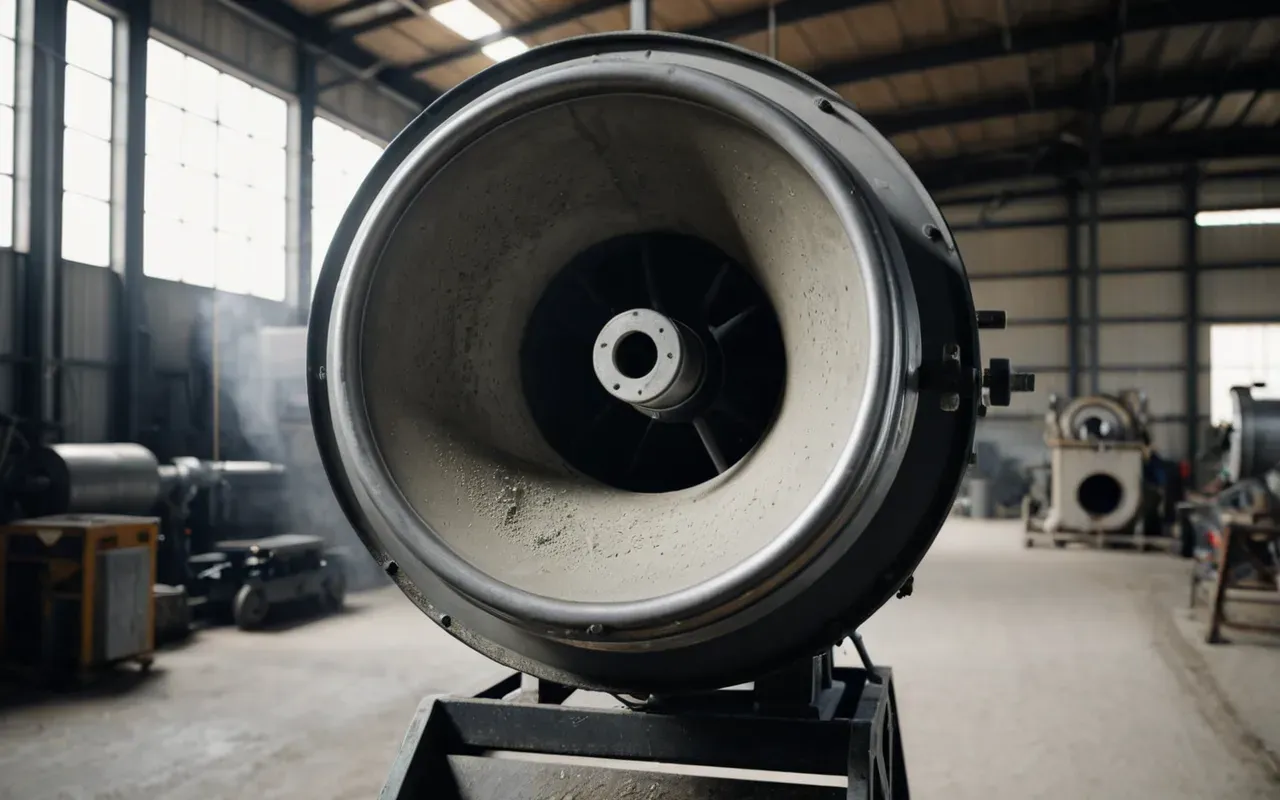 Interior view of a large industrial mixer drum with rotating shafts and dry cement powder swirling inside under bright workshop lighting
