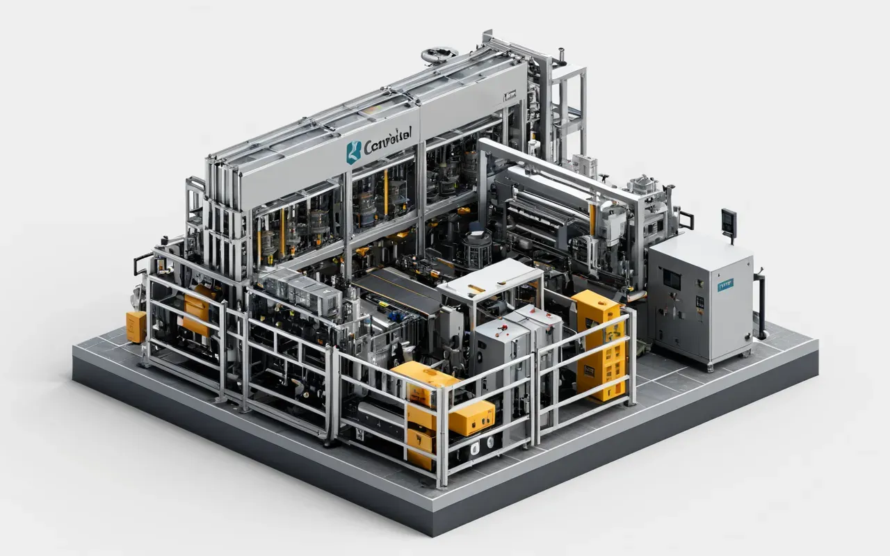 industrial component assembly Isometric view of a complex industrial machine assembly with multiple interconnected components, clean white background, soft shadows indicating depth and structure.