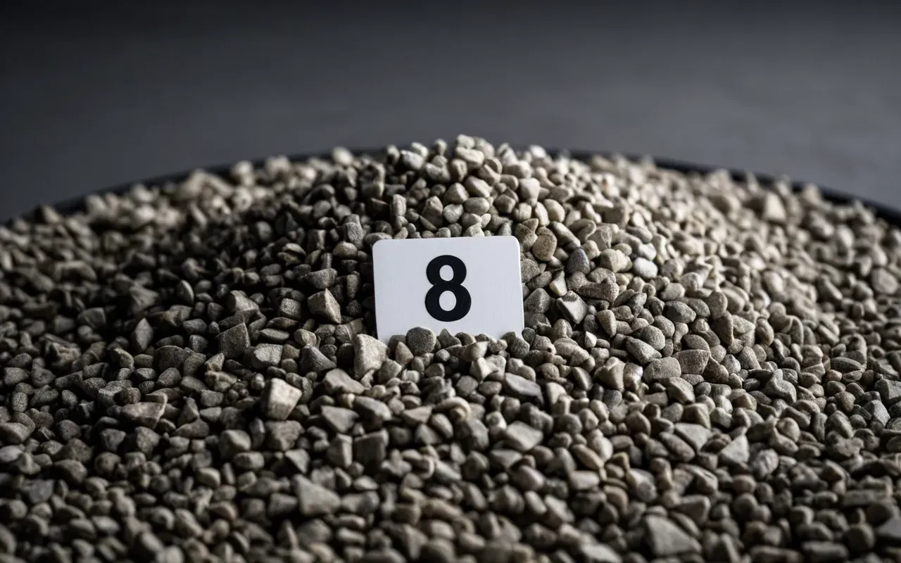 aggregate particle shape Macro shot of dry aggregate particles in a clear container showing irregular shapes and sizes, neutral gray background, high contrast lighting to highlight texture details.