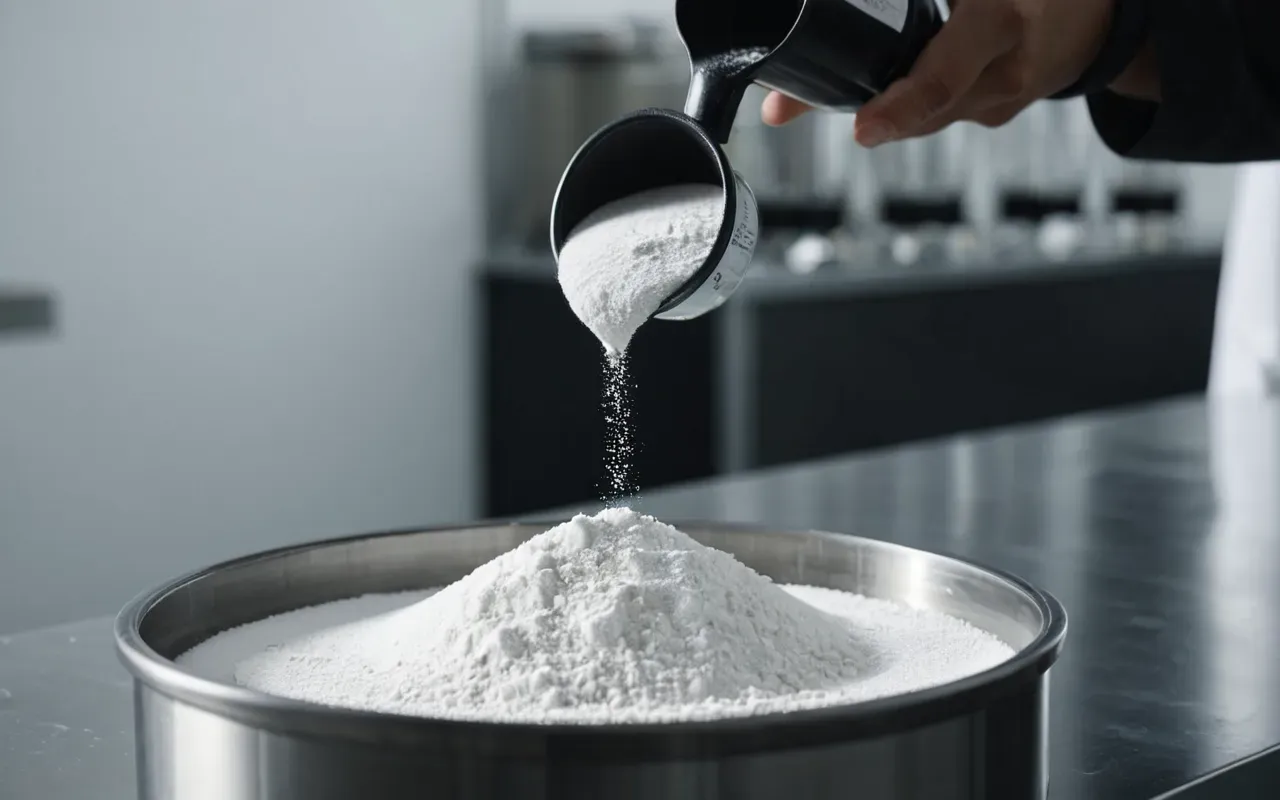 Macro shot of fine white powder being poured into a clear container in a clean laboratory setting with bright even lighting and shallow depth of field
