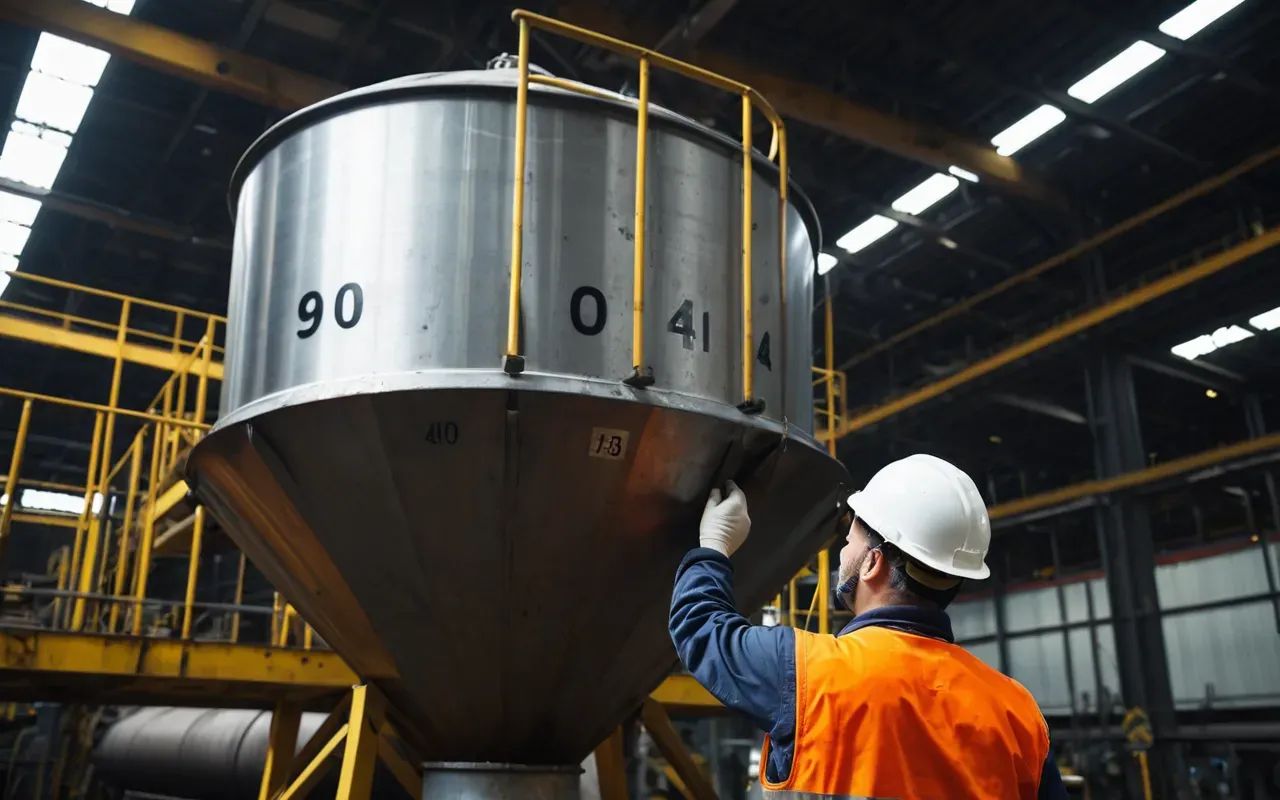 Maintenance worker wearing safety gear inspecting a large steel hopper in an industrial plant with focused task lighting and clean background