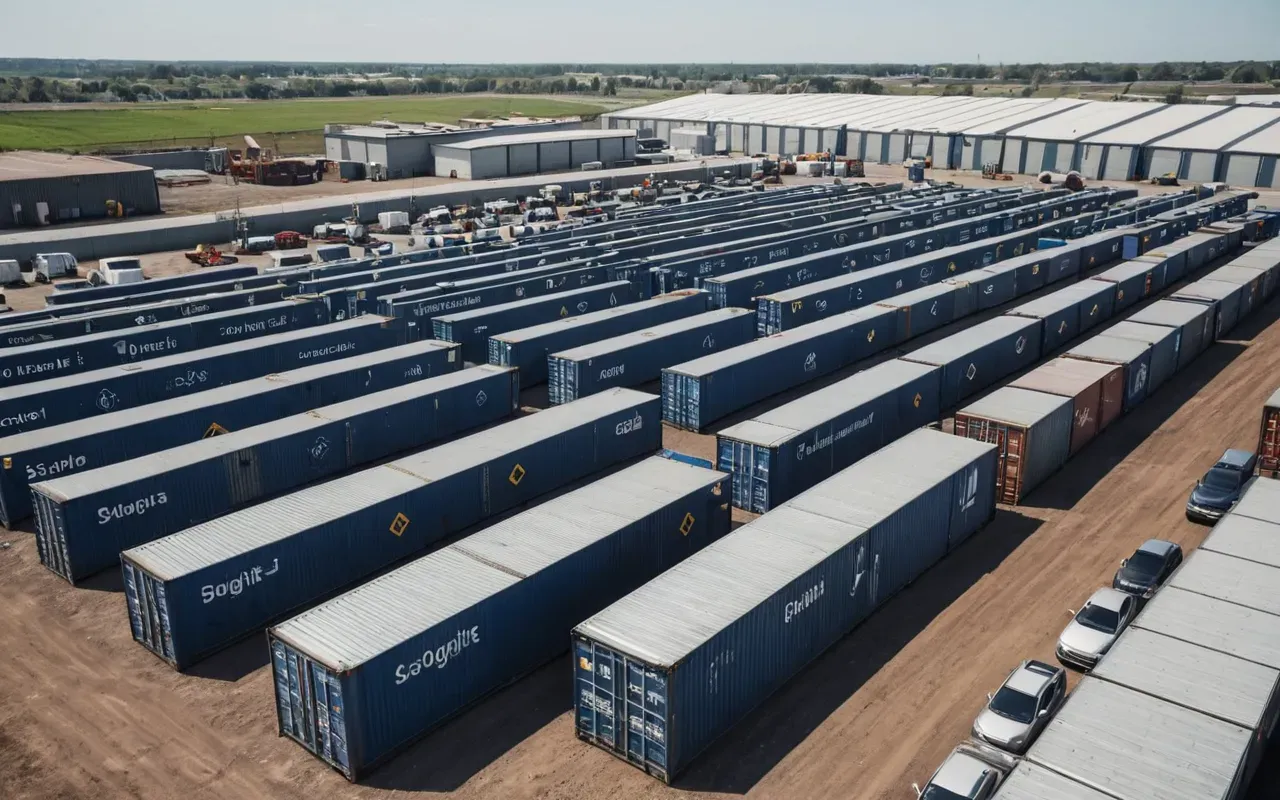 industrial logistics organization Overhead view of a large industrial yard with stacked material bins and transport vehicles parked neatly under clear skies showing organized logistics operations.