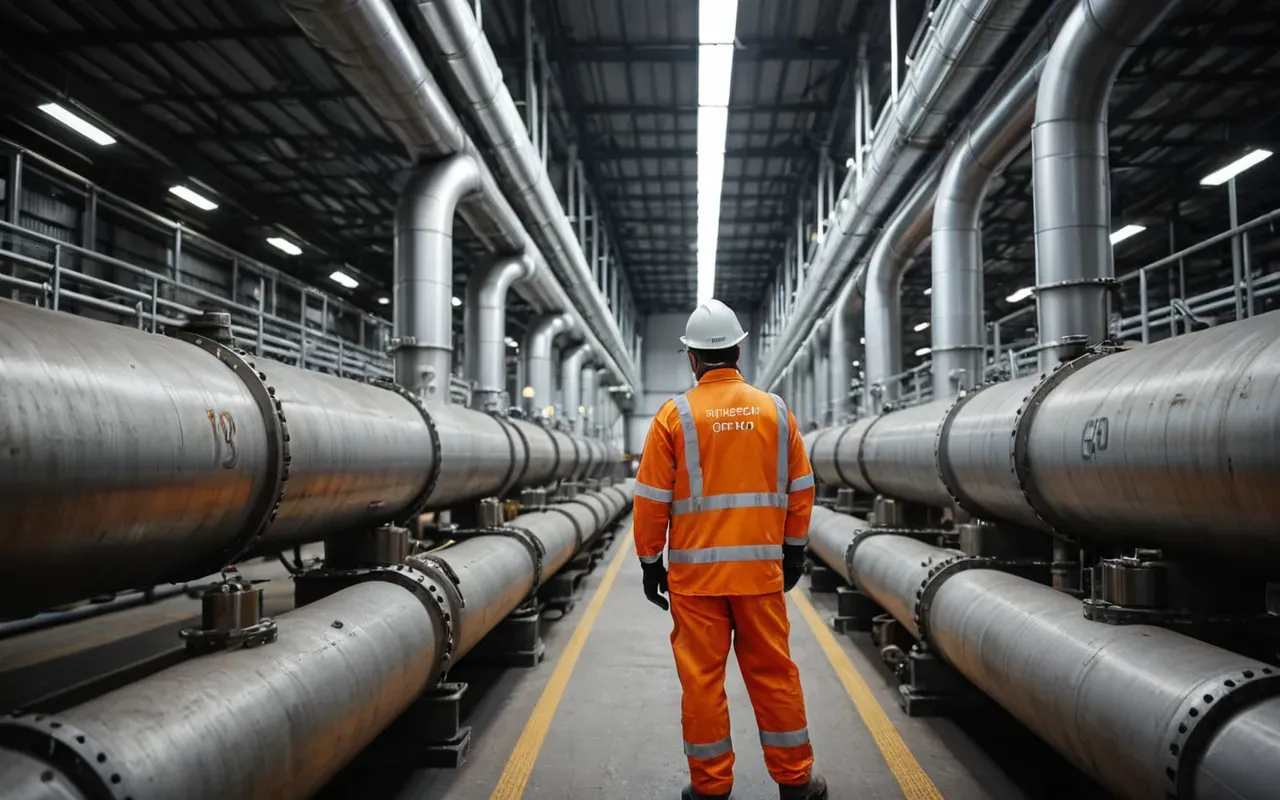 worker inspection scene Photorealistic view of a worker in safety gear inspecting large metal pipes and valves inside a clean industrial facility with soft overhead lighting