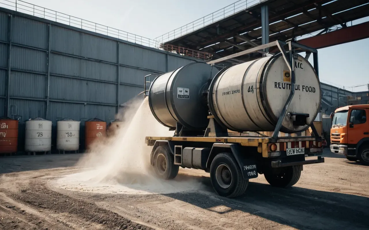 Wide angle shot of a concrete mixer drum tilting to discharge dry powder into a transport container in an industrial yard with soft morning light