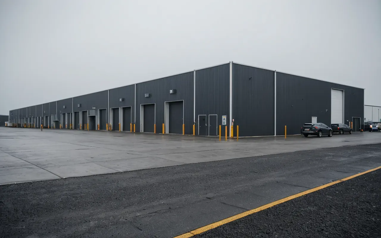 industrial facility exterior Wide angle shot of a modern industrial facility exterior with large loading bays and clean paved ground under overcast soft daylight