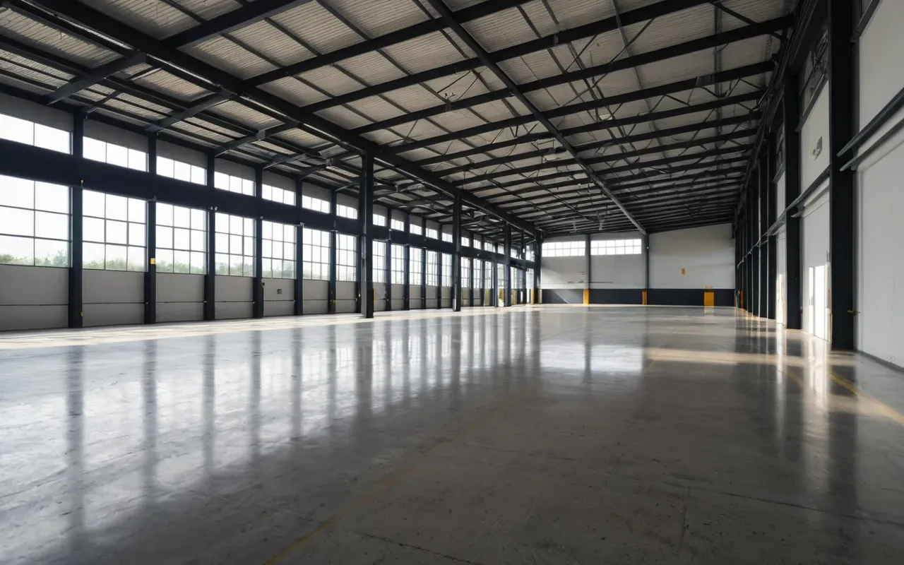 Wide angle view of a clean modern industrial facility interior with polished concrete floors and large windows letting in soft natural light