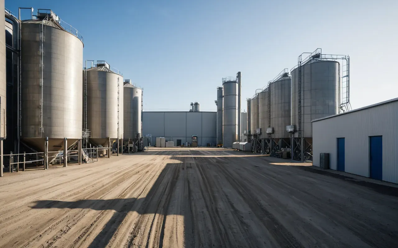 modern concrete facility design Wide angle view of a modern industrial concrete batching facility with large silos and control panels under bright daylight showing clean engineering design without any visible text or logos.
