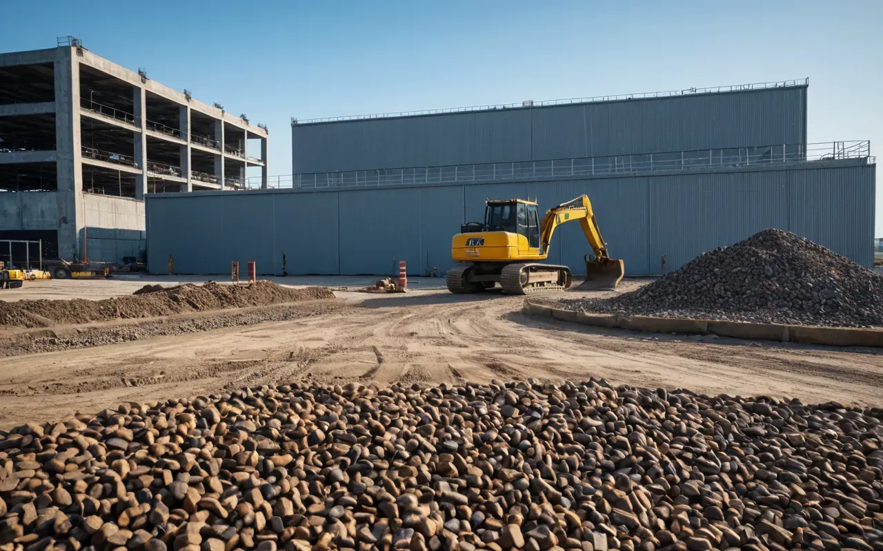 Wide angle view of a modern industrial construction site with heavy machinery in the background and clear blue sky above.