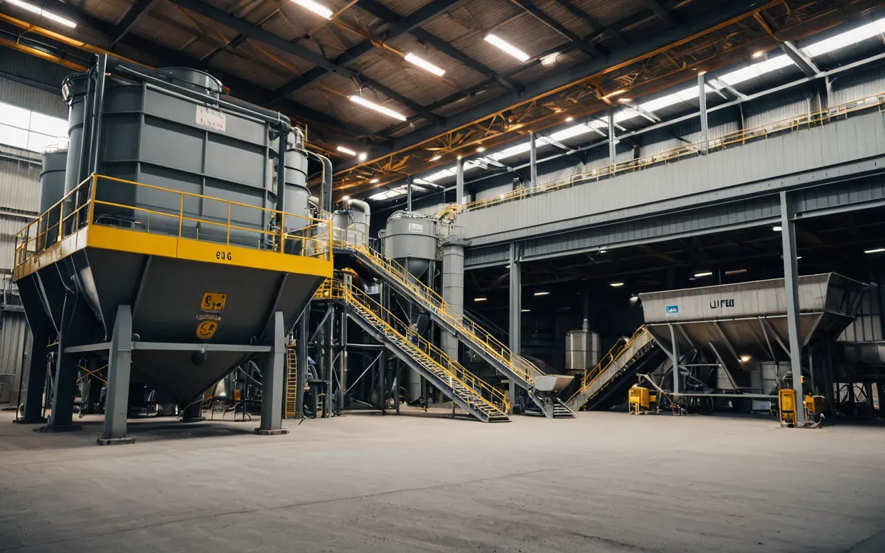 Wide shot of a modern industrial concrete batching plant interior with large aggregate hoppers and steel conveyors under bright overhead lighting