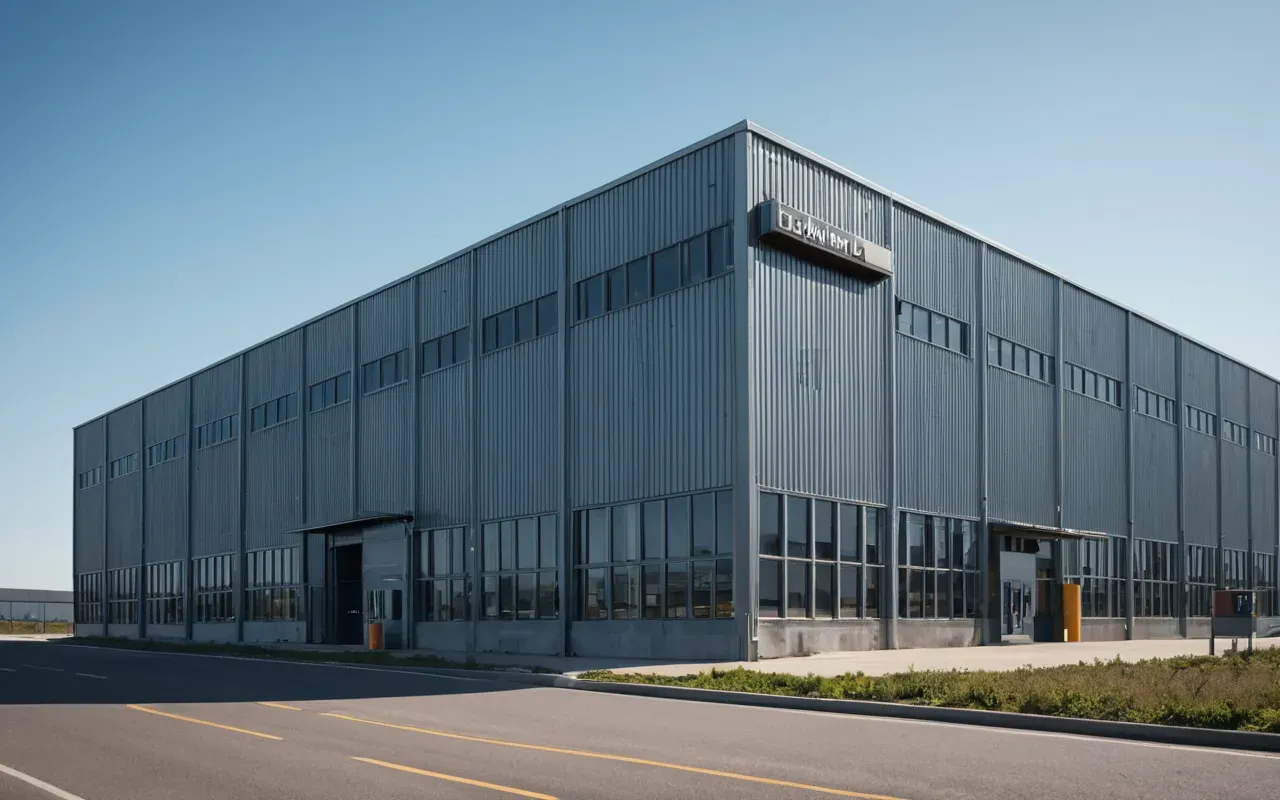 industrial machinery sales Wide shot of a modern industrial facility exterior with large metal structures and clear skies under bright daylight showing clean lines and functional architecture without any signage or text elements visible in the frame