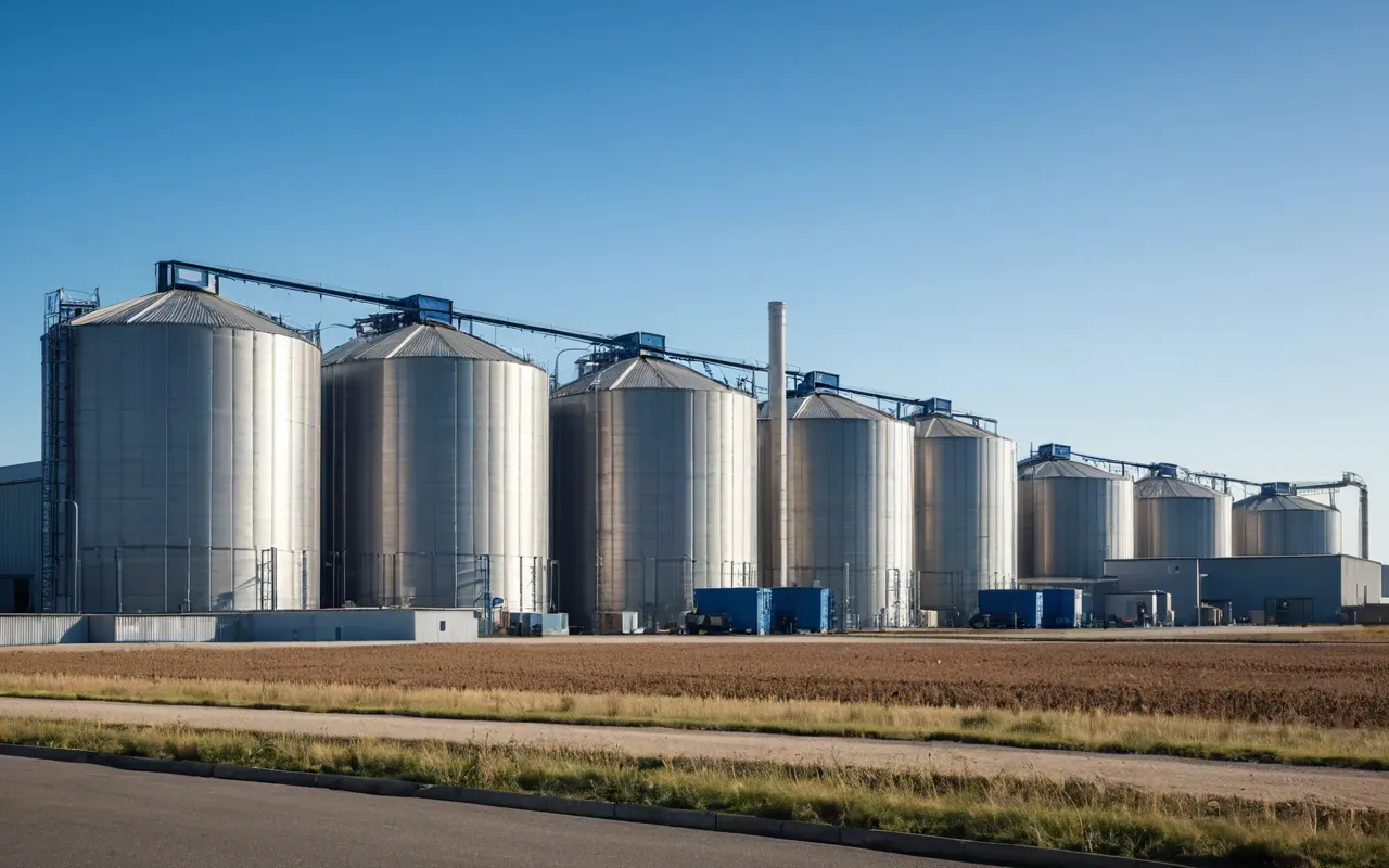industrial facility exterior Wide shot of a modern industrial facility exterior with large storage silos and processing units under clear blue sky, professional architectural photography style.