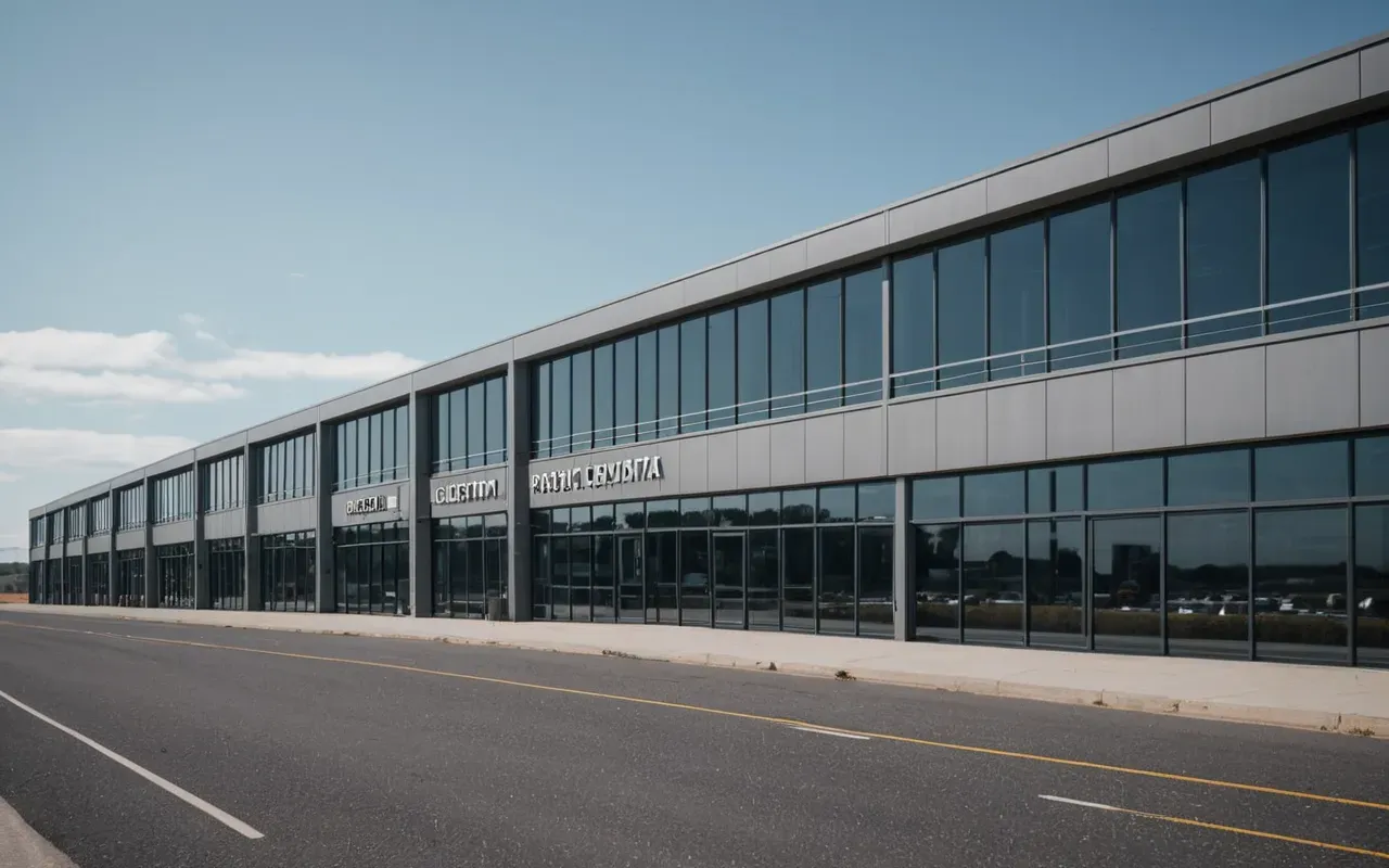 Wide shot of a modern industrial facility exterior with clean lines and large glass windows reflecting the sky during daytime hours