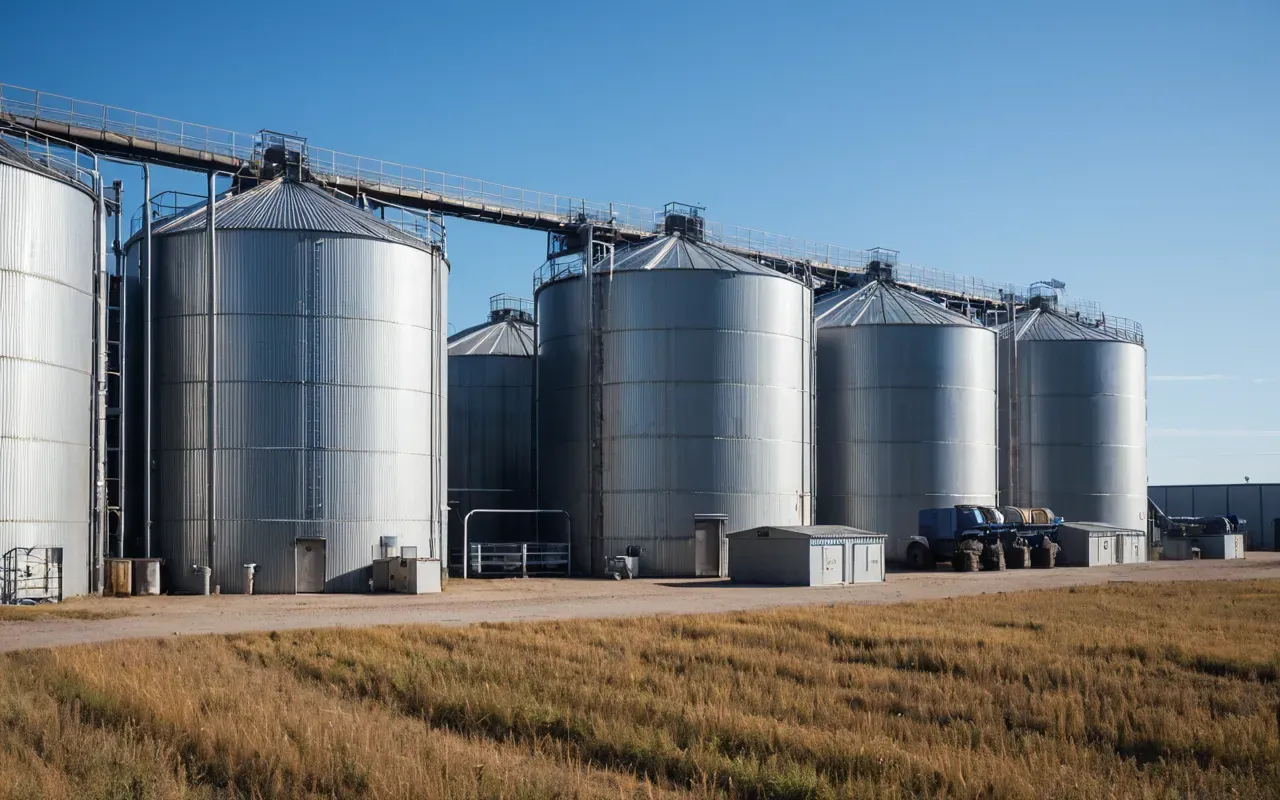 industrial storage facilities Wide shot of large industrial steel silos and storage bins arranged in a clean outdoor facility with bright daylight and clear blue sky