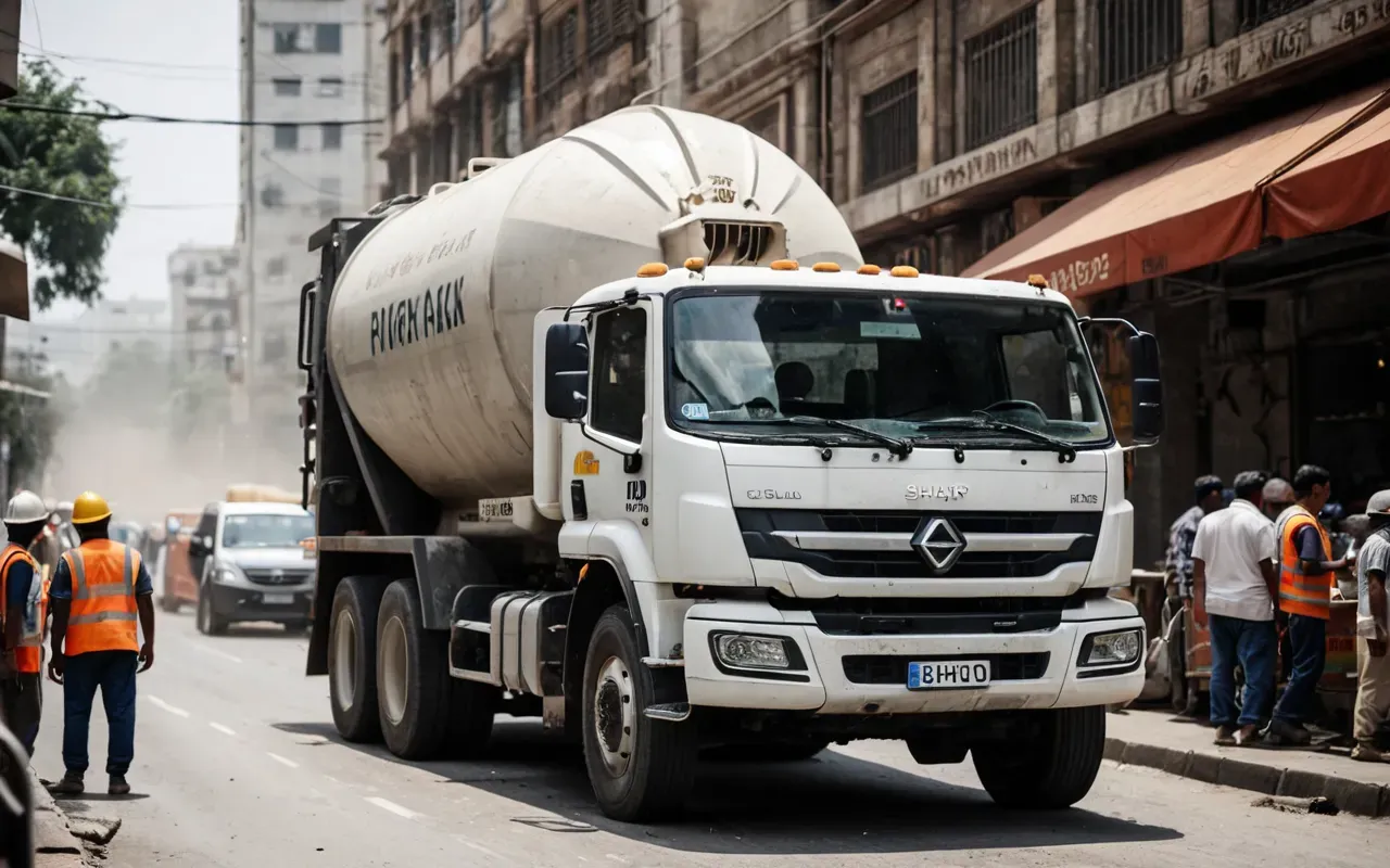 A close up of a concrete mixer truck parked on a busy city street with dust rising from the ground and workers waiting nearby.