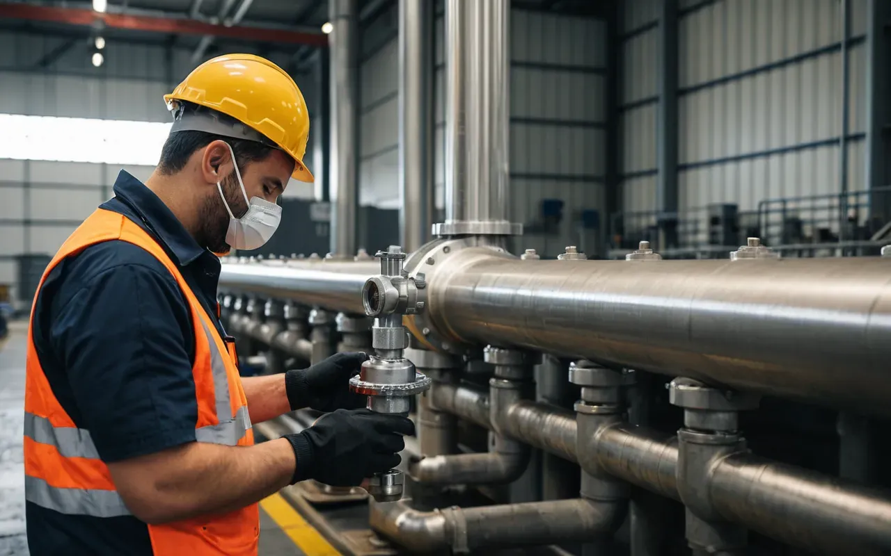 A close-up of a worker in safety gear adjusting a valve on a large industrial pipe inside a clean factory floor. The background shows organized storage bins and bright overhead lighting that creates high contrast shadows, emphasizing the controlled environment.