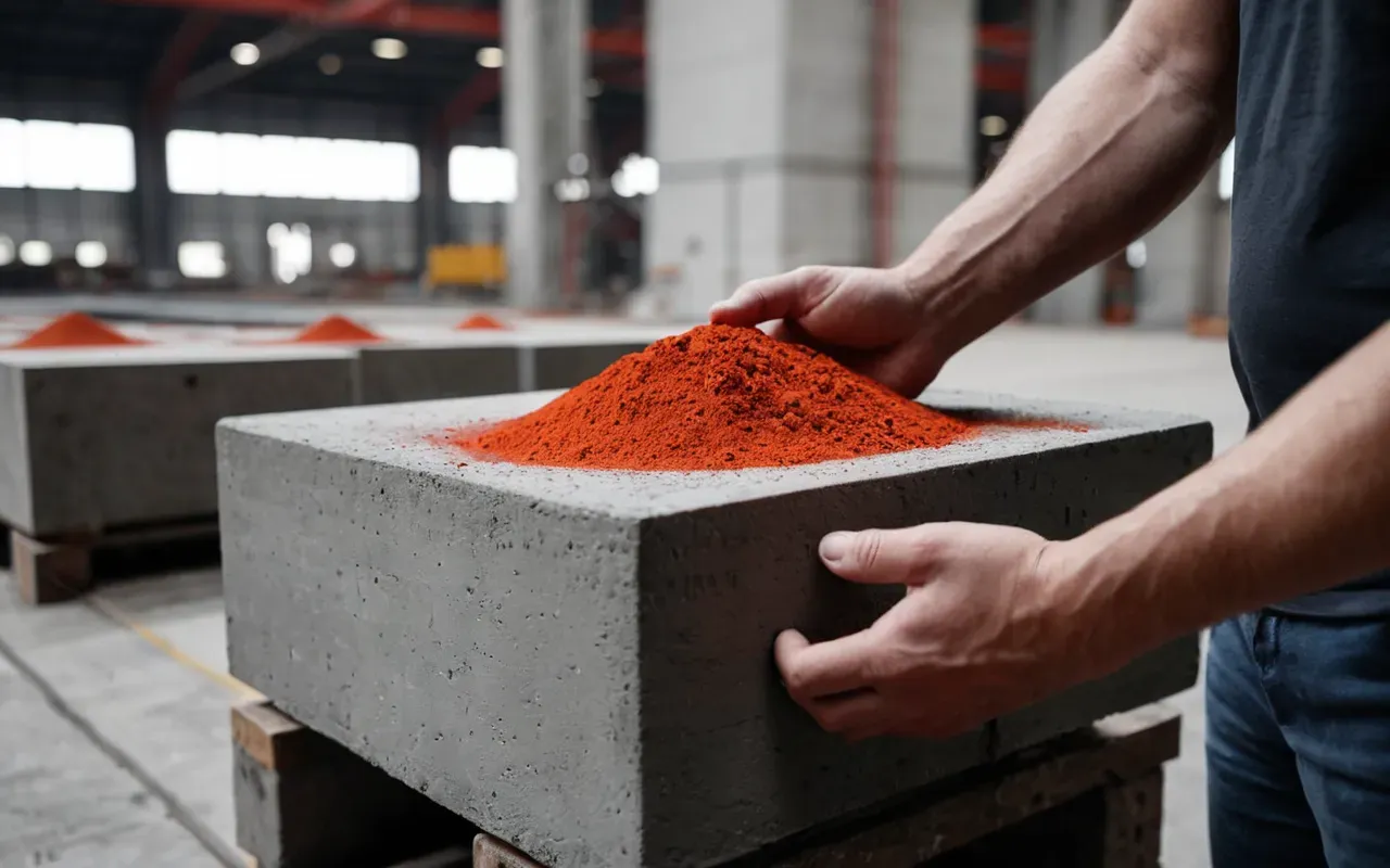 A close-up of hands holding a grey concrete block next to a pile of red powder, with a blurred background of a modern factory floor, highlighting the material transformation process.