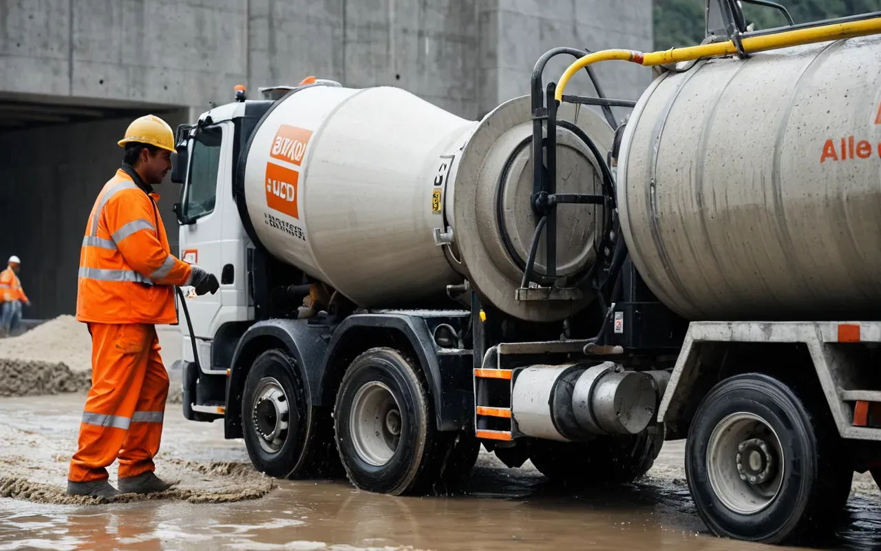 wet delivery A close-up view of a concrete mixer truck dispensing wet concrete into a formwork, with workers in safety gear observing the flow, highlighting the traditional wet delivery method in a busy construction environment, natural lighting, no text or watermarks.