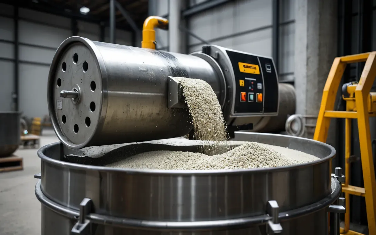 A close-up view of a heavy-duty industrial mixer with rotating planetary arms inside a large stainless steel drum, showing uniform mixing of dry concrete aggregates under bright factory lighting, emphasizing mechanical precision and clean metal surfaces without any text or labels.