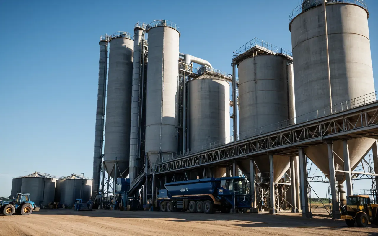 industrial concrete batching plant A close up view of a large industrial concrete batching plant with tall silos and hoppers against a clear blue sky showing heavy machinery in operation during bright daylight.