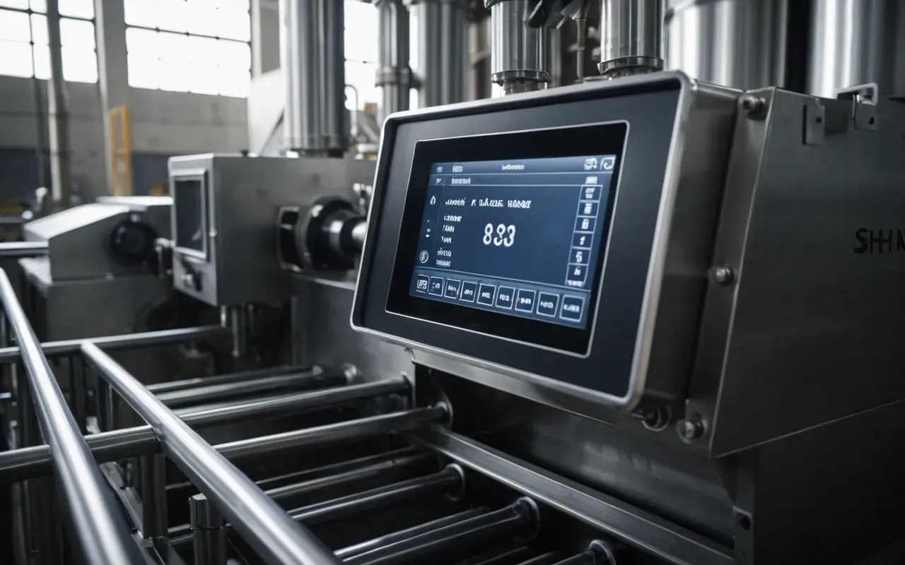 A close-up view of a modern batching machine with digital sensors attached to the hopper and pipes in an industrial setting.