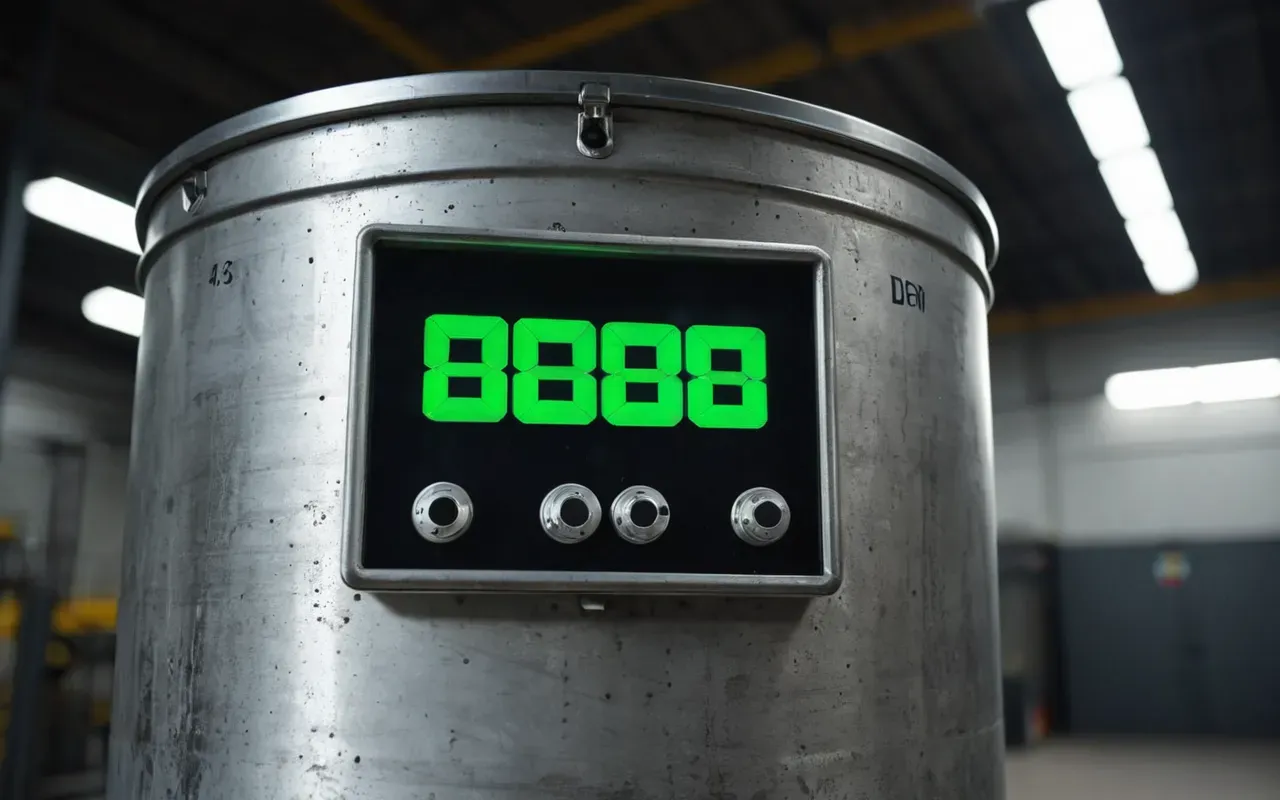 A close up view of a modern concrete mixing drum with clean metal surfaces and a digital display panel showing green lights in a bright industrial setting with no text or people visible