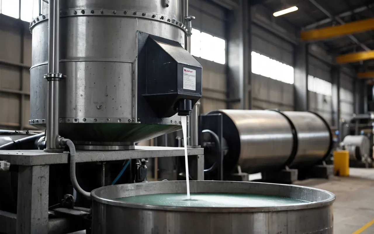 A close-up view of a modern industrial chemical dosing system injecting clear liquid into a large concrete mixer drum, with bright industrial lighting and steel pipes in the background