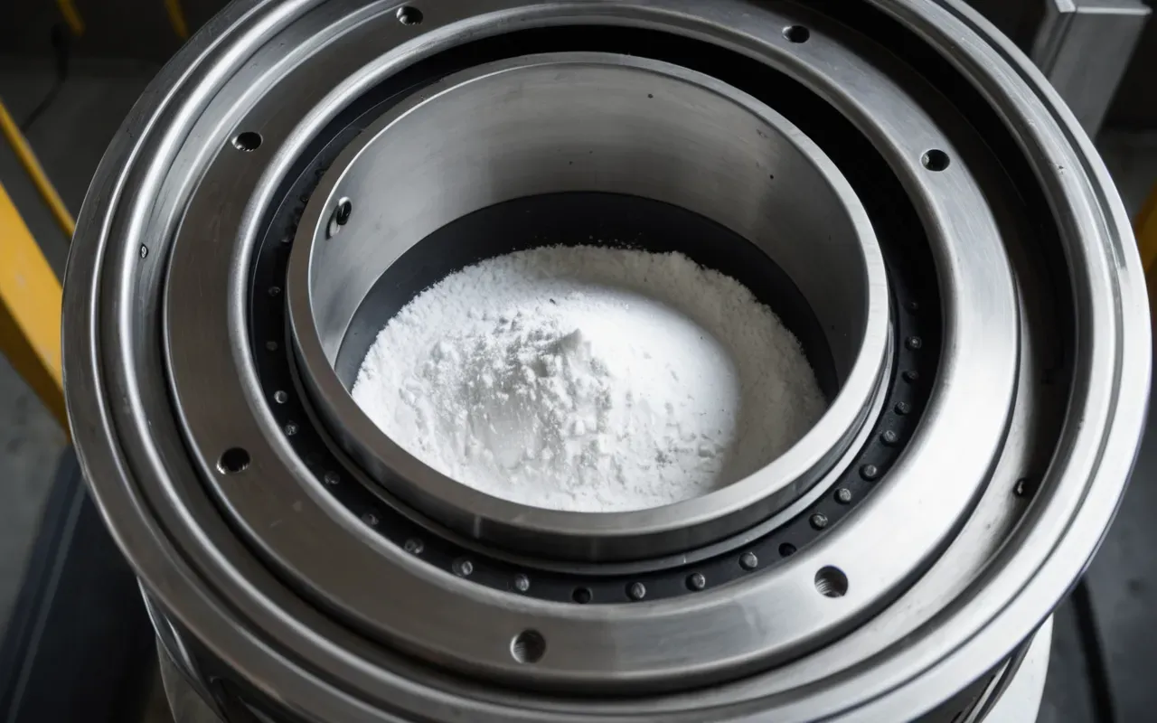 automatic mortar mixer A close-up view of a stainless steel mixing chamber with rotating blades blending white powder materials under industrial lighting showing mechanical precision and clean metal surfaces without any labels or written instructions visible on the machinery.