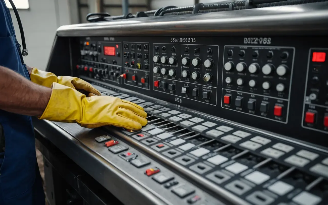 A close up view of a worker s hands wearing heavy duty safety gloves operating the control panel of a large industrial mixing machine with visible hydraulic pipes and metal components under bright overhead workshop lighting showing focus on mechanical interaction without any readable text or labels.