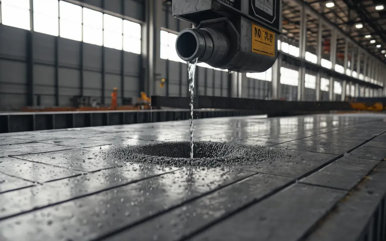 A close-up view of fresh grey concrete being poured into a steel formwork mold inside a modern industrial facility. The surface is smooth and wet with visible aggregate stones. Bright white workshop lighting reflects off the metal edges, highlighting the texture of the material.