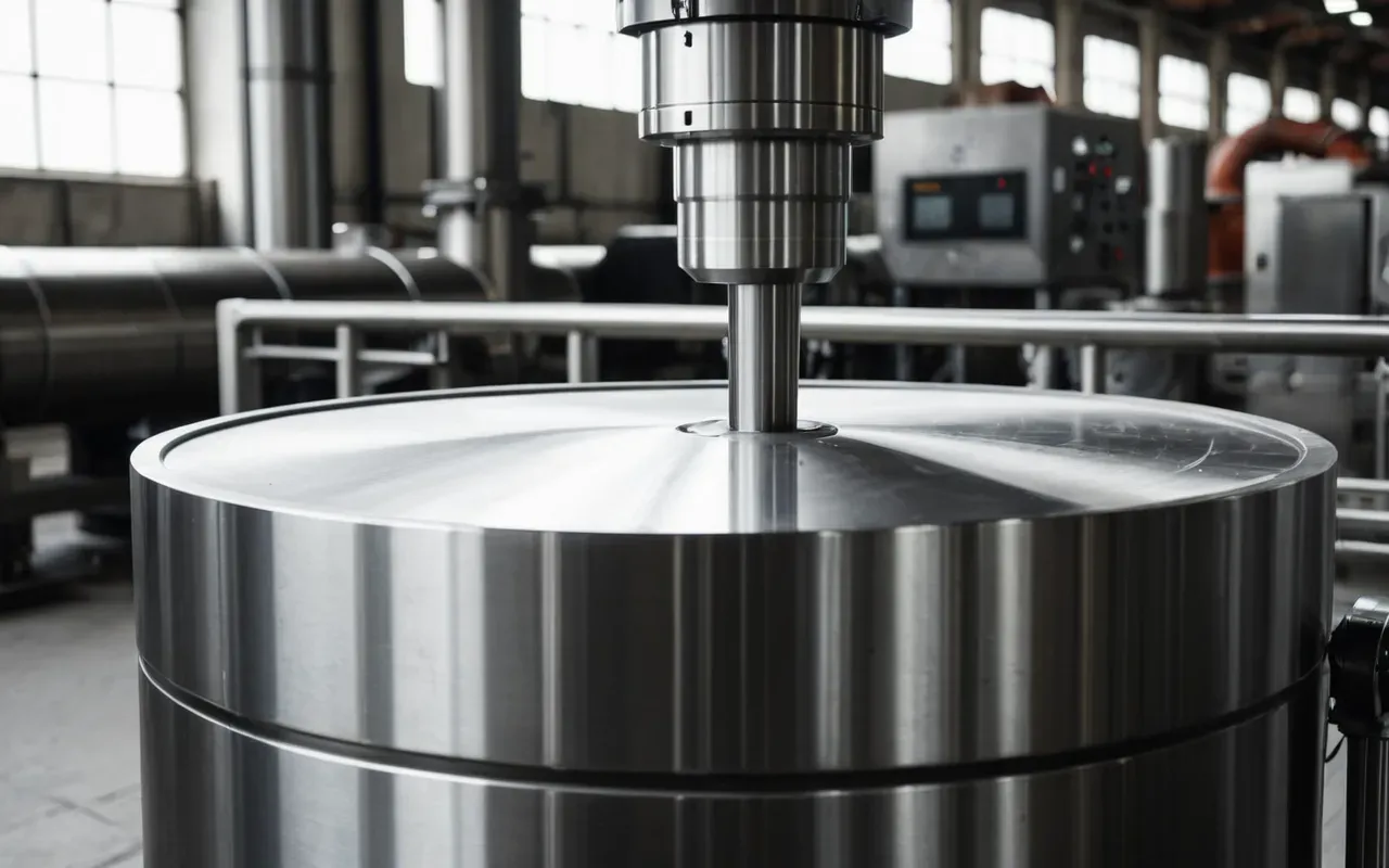 A close-up view of industrial mixing equipment with clean lines and metallic surfaces. The scene is bright and focused on precision engineering.