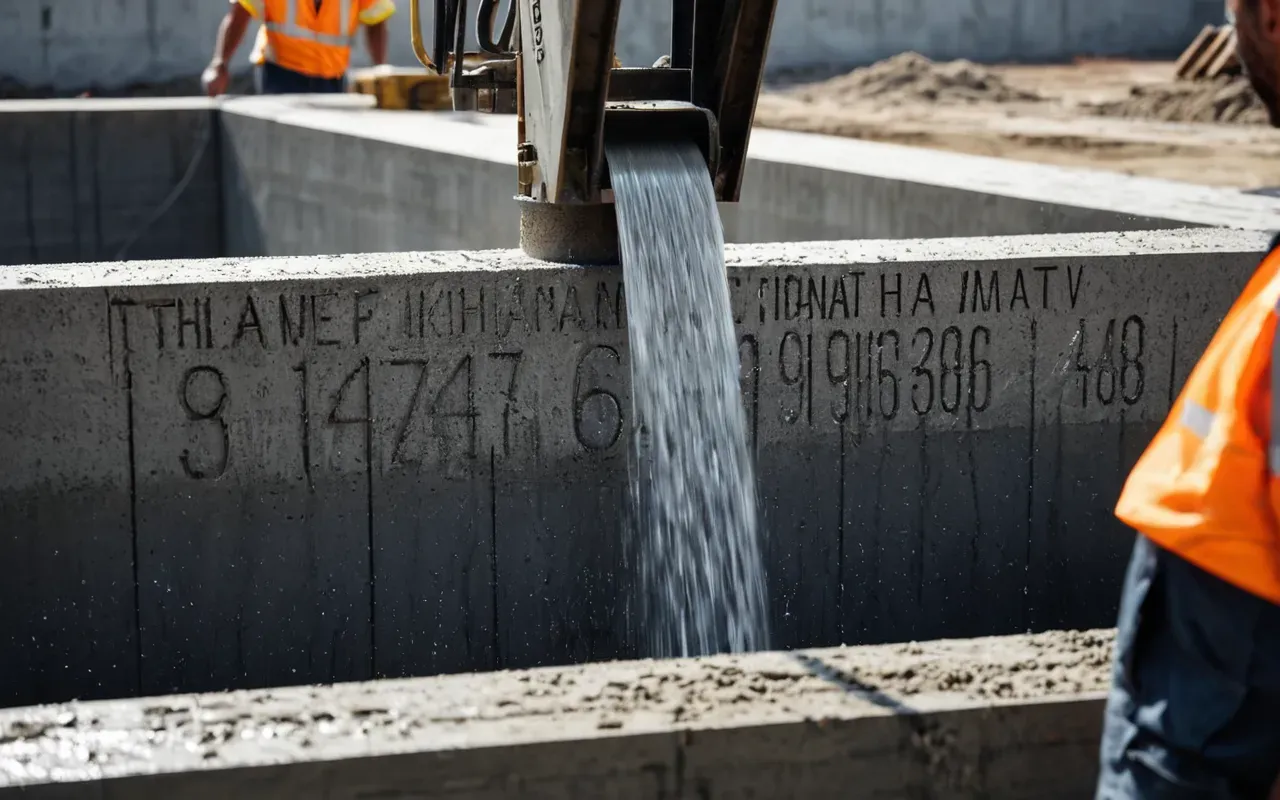 A close up view of wet concrete being poured into a large formwork structure on a construction site with workers in high visibility vests observing the process under overcast skies showing industrial scale operations without any readable text.