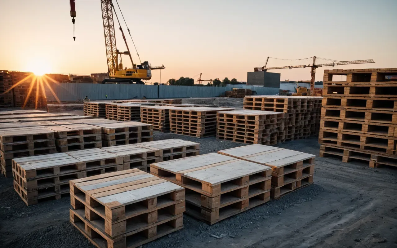 A construction site at sunset with a large crane lifting steel beams. In the foreground, stacks of wooden pallets and concrete blocks are neatly arranged. The sky is orange and purple, casting long shadows across the dirt ground.