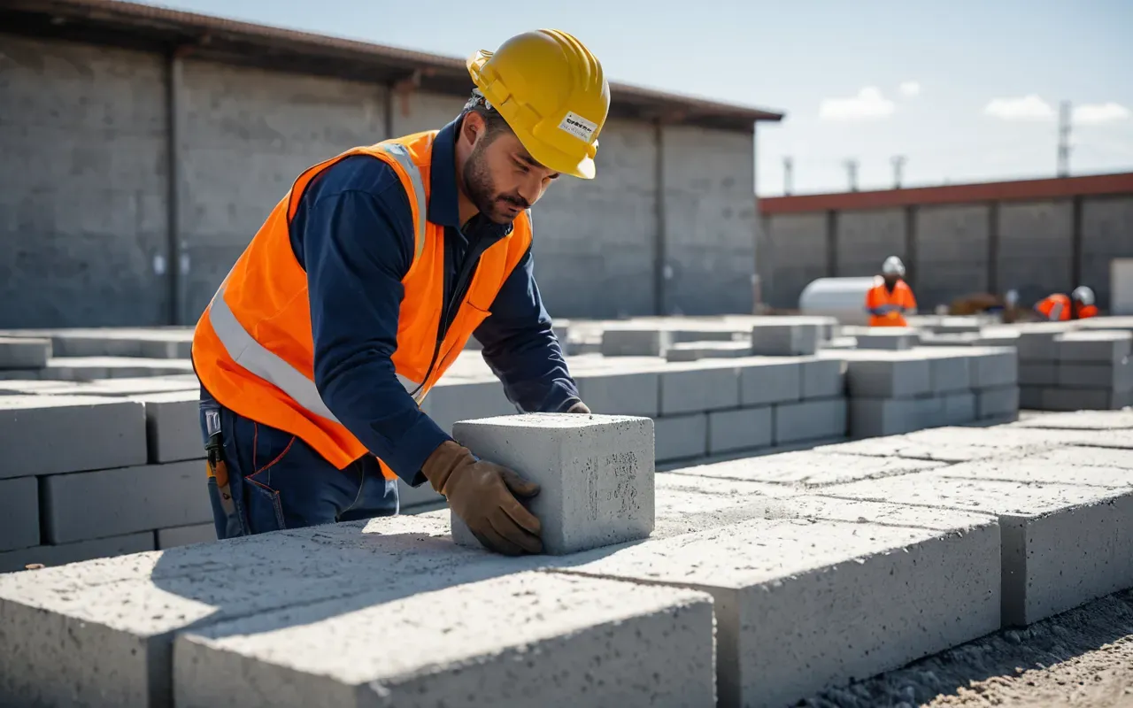 aerated concrete block inspection A construction worker in safety gear inspecting a stack of lightweight aerated concrete blocks on a flat roof under bright sunlight showing texture details.